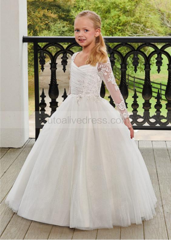 Ivory Lace Glitter Tulle Keyhole Back Elegant Flower Girl Dress